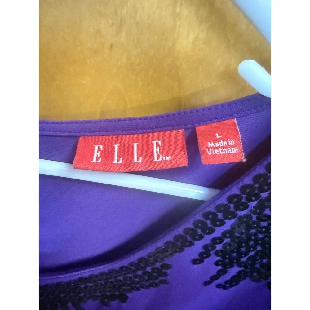 ELLE Purple Sequin Neck Blouse Large Back Zip Dressy Evening Top Large - Picture 3 of 3